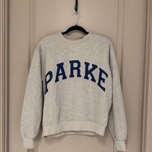 Gray Crew Neck Sweater with Blue Lettering